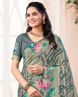 Vishal Prints Greyish Olive Green Digital Print Brasso Saree With Tassel