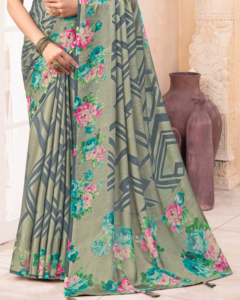 Vishal Prints Greyish Olive Green Digital Print Brasso Saree With Tassel