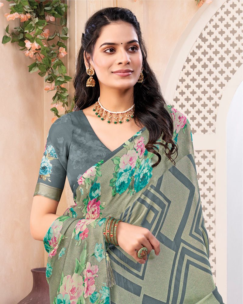 Vishal Prints Greyish Olive Green Digital Print Brasso Saree With Tassel