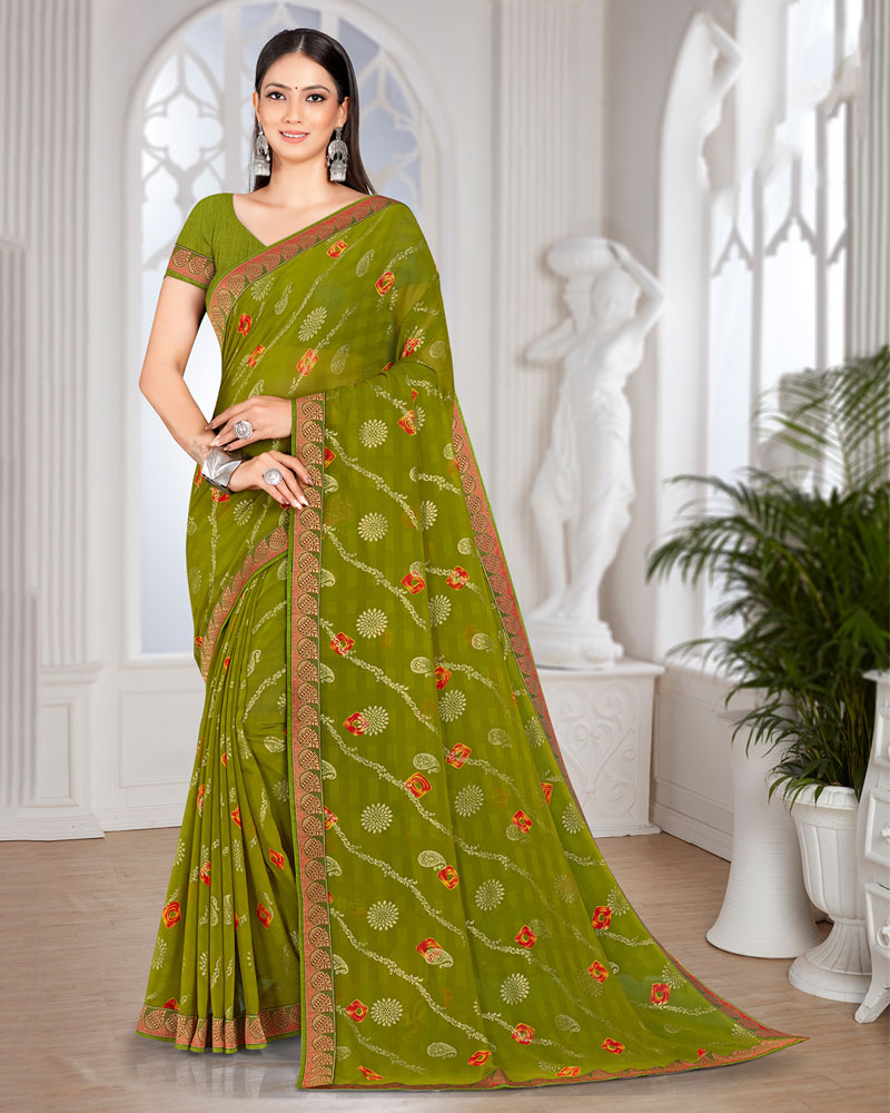Vishal Prints Mehandi Green Georgette Saree With Foil Print And Zari Border