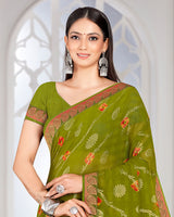 Vishal Prints Mehandi Green Georgette Saree With Foil Print And Zari Border