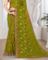 Vishal Prints Mehandi Green Georgette Saree With Foil Print And Zari Border