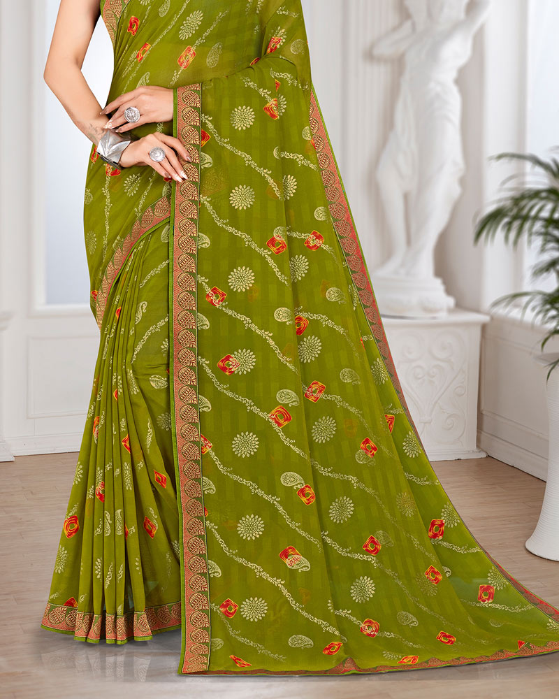 Vishal Prints Mehandi Green Georgette Saree With Foil Print And Zari Border
