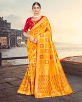 Vishal Prints Orange Silk Weaving Saree With Zari Border And Tassel
