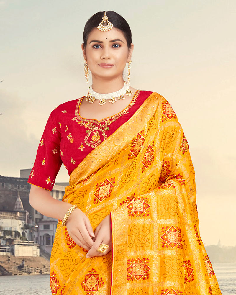 Vishal Prints Orange Silk Weaving Saree With Zari Border And Tassel