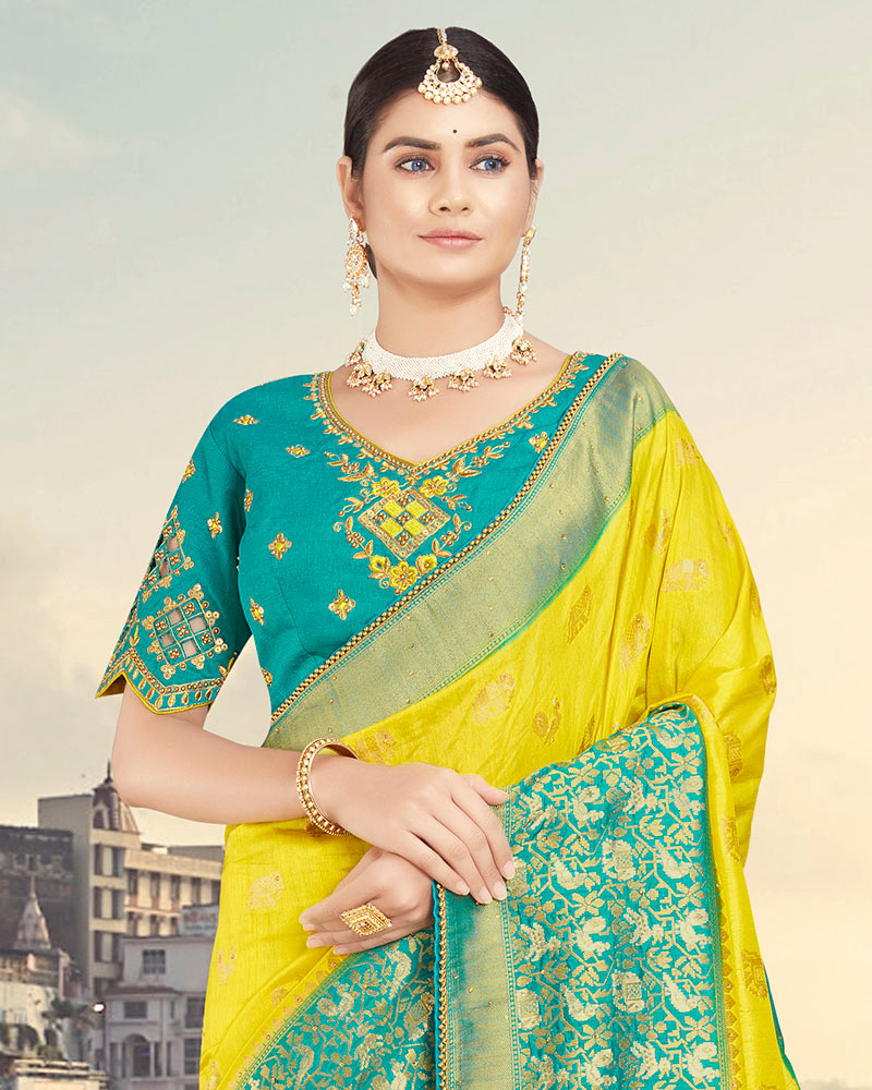 Vishal Prints Dark Yellow Silk Weaving Saree With Zari Border And Tassel