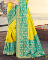 Vishal Prints Dark Yellow Silk Weaving Saree With Zari Border And Tassel