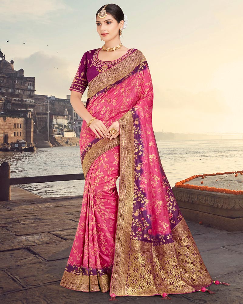 Vishal Prints Hot Pink Silk Weaving Saree With Zari Border And Tassel