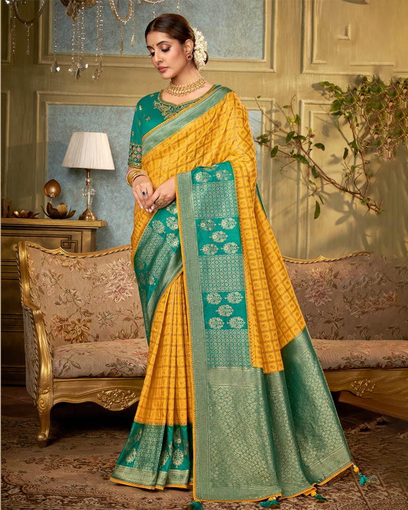 Vishal Prints Dark Yellow Art Silk Weaving And Zari Border Saree With Tassel