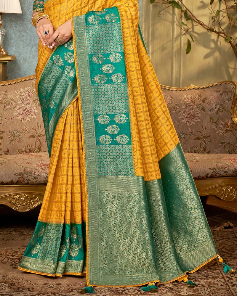 Vishal Prints Dark Yellow Art Silk Weaving And Zari Border Saree With Tassel