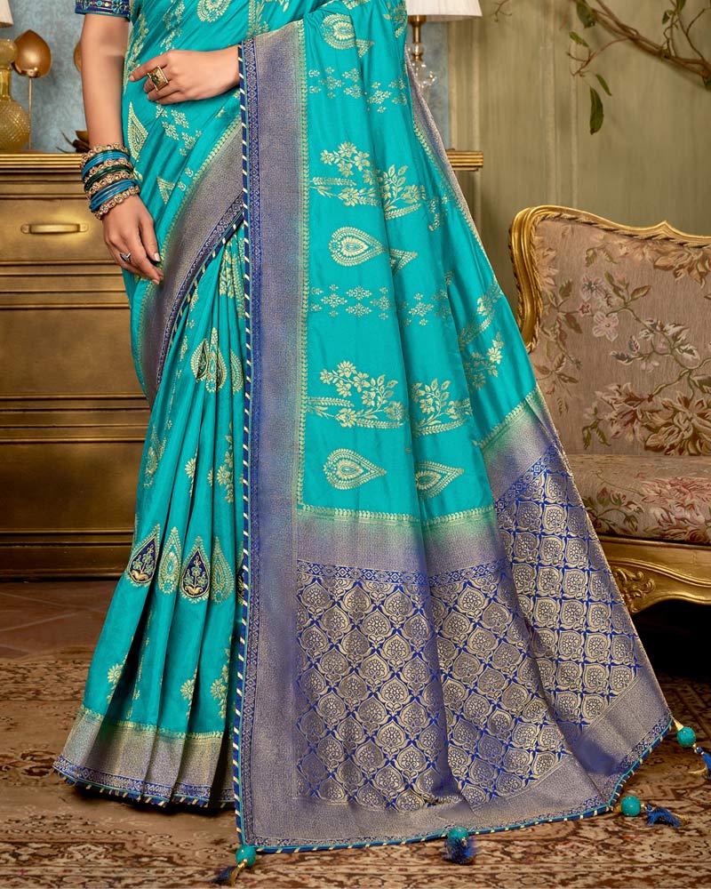 Vishal Prints Dark Turquoise Blue Art Silk Weaving And Zari Border Saree With Tassel