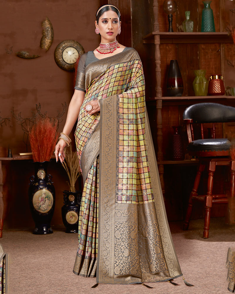 Vishal Prints Coffee Brown Dola Silk Designer Zari Weaving Saree With Tassel