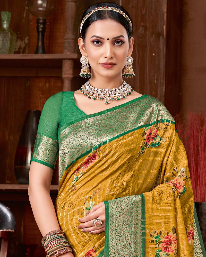 Vishal Prints Mustard Dola Silk Designer Zari Weaving Saree With Tassel