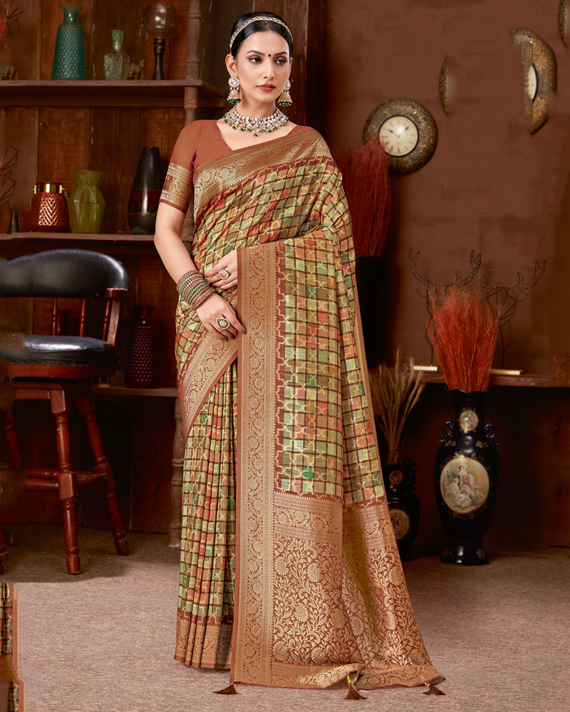 Vishal Prints Deep Coffee Brown Dola Silk Designer Zari Weaving Saree With Tassel