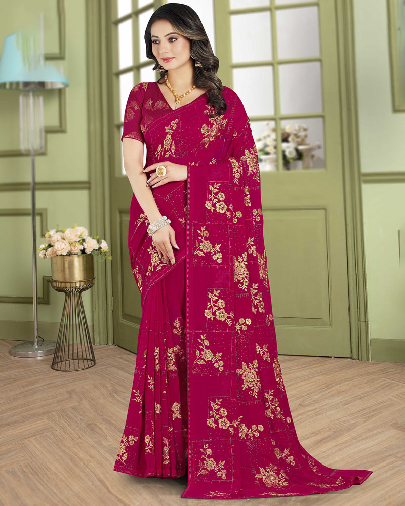 Vishal Prints Shiraz Pink Designer Chiffon Saree With Embroidery Diamond Work And Core Piping