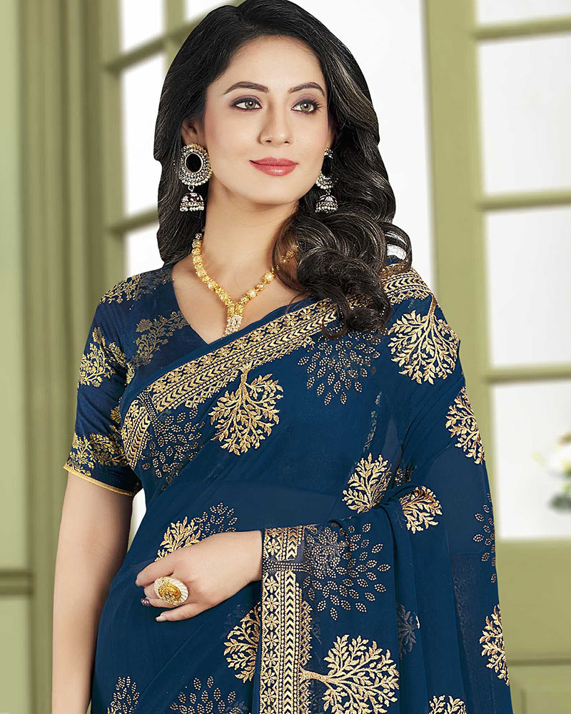 Vishal Prints Ink Blue Designer Chiffon Saree With Embroidery Diamond Work And Core Piping