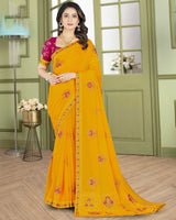 Vishal Prints Dark Yellow Designer Chiffon Saree With Embroidery Diamond Work And Core Piping