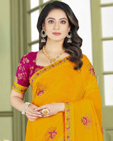 Vishal Prints Dark Yellow Designer Chiffon Saree With Embroidery Diamond Work And Core Piping