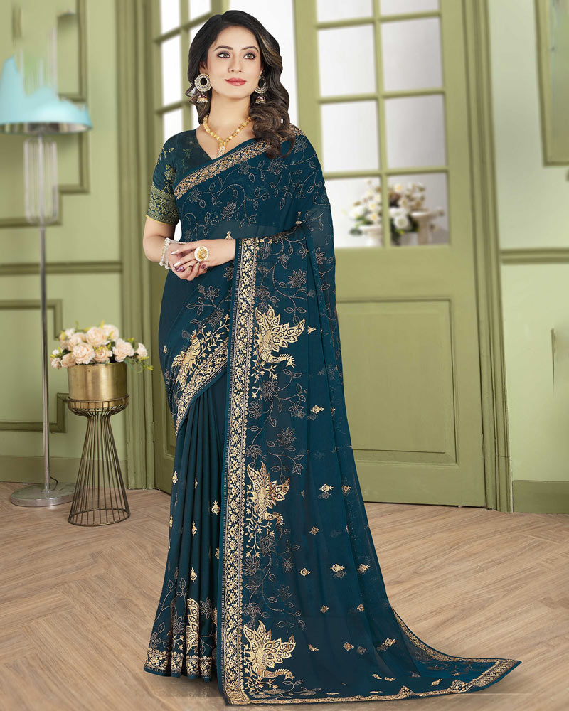 Vishal Prints Dark Teal Blue Designer Chiffon Saree With Embroidery Diamond Work And Core Piping