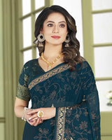 Vishal Prints Dark Teal Blue Designer Chiffon Saree With Embroidery Diamond Work And Core Piping