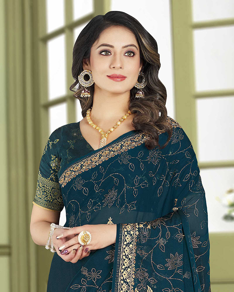 Vishal Prints Dark Teal Blue Designer Chiffon Saree With Embroidery Diamond Work And Core Piping
