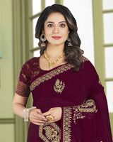 Vishal Prints Castro Red Designer Chiffon Saree With Embroidery Diamond Work And Core Piping