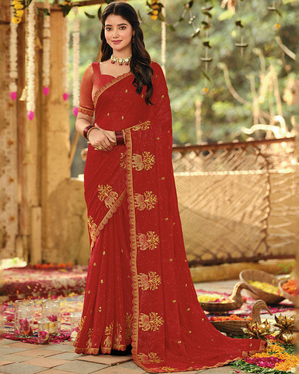 Vishal Prints Brick Red Designer Fancy Chiffon Embroidery-Diamond Work Saree With Cut Work Border
