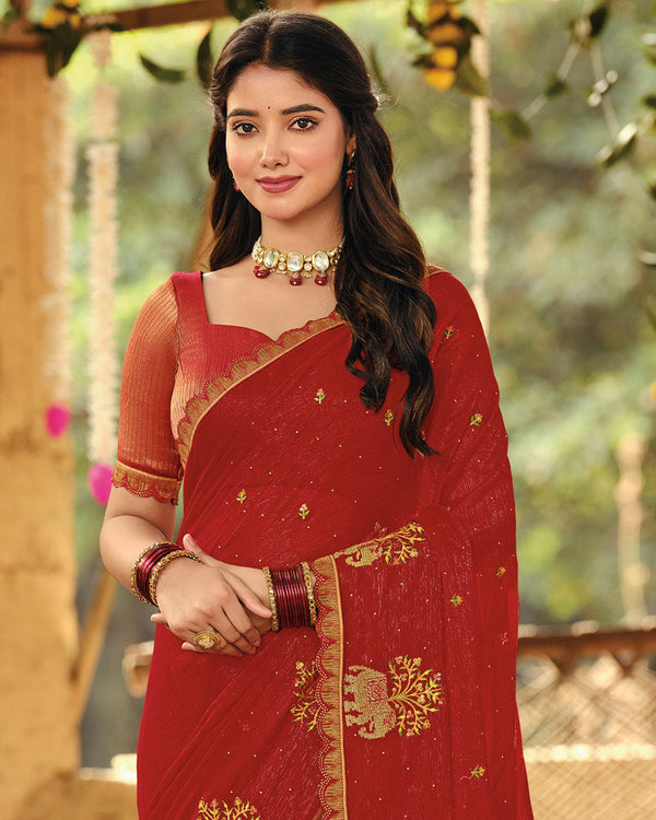 Vishal Prints Brick Red Designer Fancy Chiffon Embroidery-Diamond Work Saree With Cut Work Border