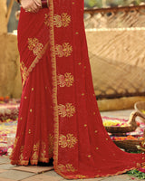Vishal Prints Brick Red Designer Fancy Chiffon Embroidery-Diamond Work Saree With Cut Work Border
