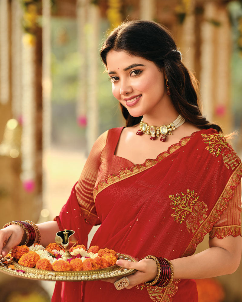 Vishal Prints Brick Red Designer Fancy Chiffon Embroidery-Diamond Work Saree With Cut Work Border