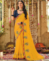 Vishal Prints Dark Yellow Designer Fancy Chiffon Embroidery-Diamond Work Saree With Cut Work Border