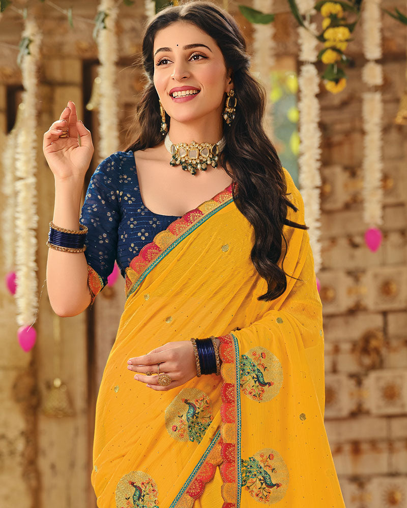 Vishal Prints Dark Yellow Designer Fancy Chiffon Embroidery-Diamond Work Saree With Cut Work Border