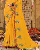 Vishal Prints Dark Yellow Designer Fancy Chiffon Embroidery-Diamond Work Saree With Cut Work Border
