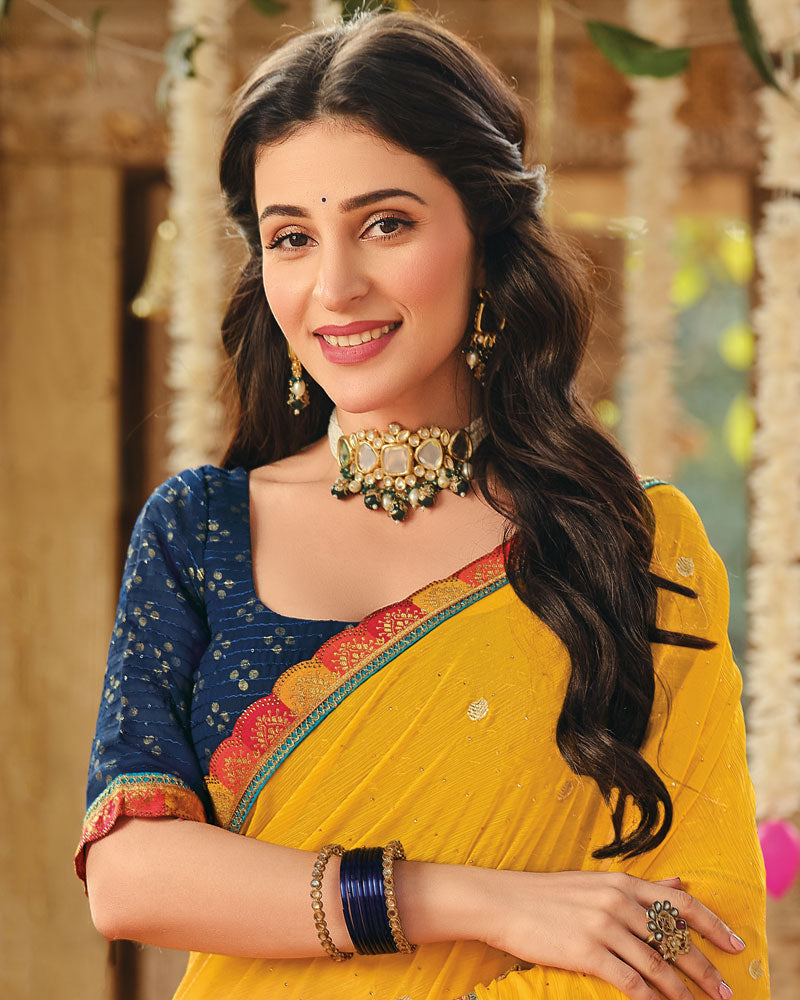 Vishal Prints Dark Yellow Designer Fancy Chiffon Embroidery-Diamond Work Saree With Cut Work Border