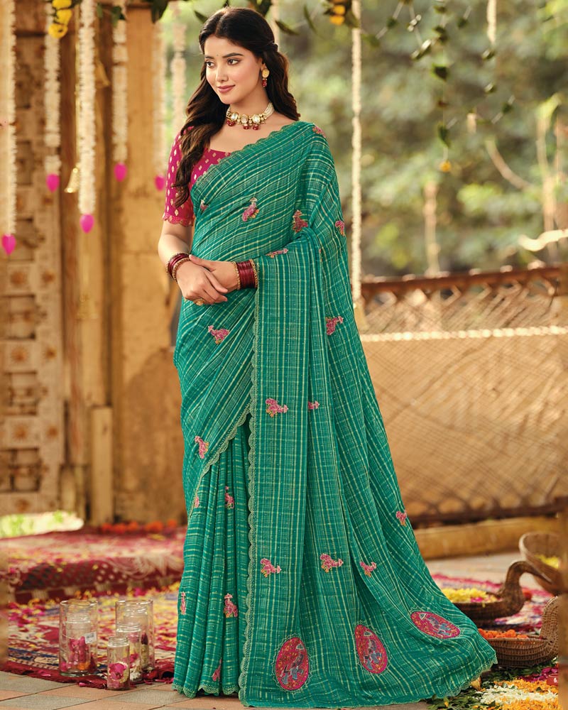Vishal Prints Forest Green Designer Fancy Chiffon Embroidery-Diamond Work Saree With Cut Work Border