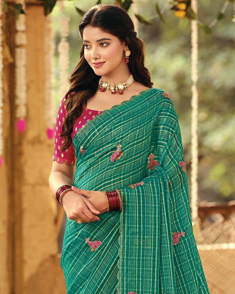 Vishal Prints Forest Green Designer Fancy Chiffon Embroidery-Diamond Work Saree With Cut Work Border