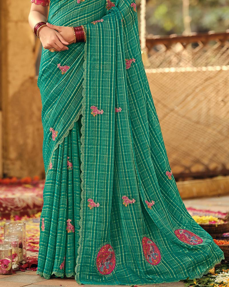 Vishal Prints Forest Green Designer Fancy Chiffon Embroidery-Diamond Work Saree With Cut Work Border