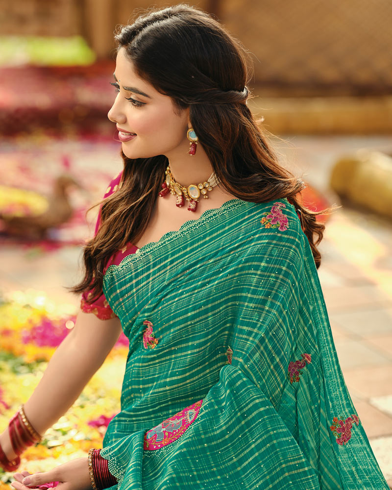 Vishal Prints Forest Green Designer Fancy Chiffon Embroidery-Diamond Work Saree With Cut Work Border