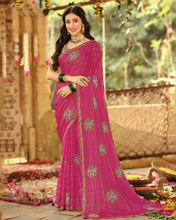 Vishal Prints Deep Carmine Pink Designer Fancy Chiffon Embroidery-Diamond Work Saree With Cut Work Border