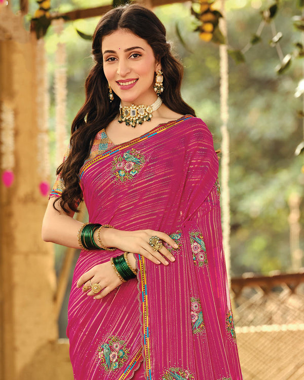 Vishal Prints Deep Carmine Pink Designer Fancy Chiffon Embroidery-Diamond Work Saree With Cut Work Border
