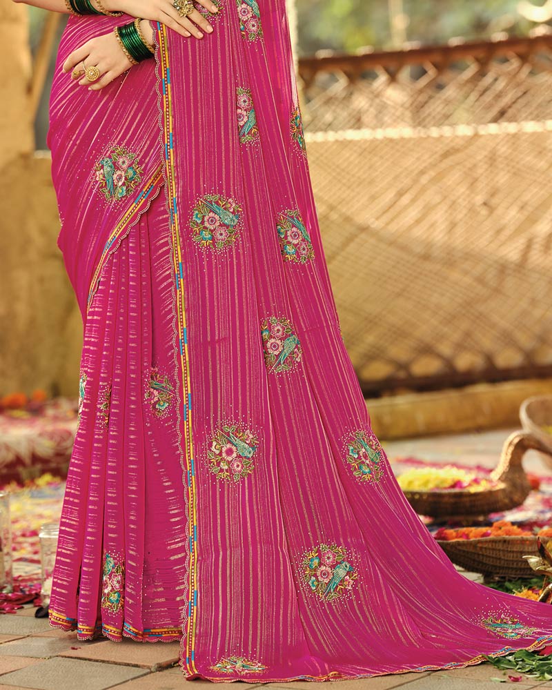 Vishal Prints Deep Carmine Pink Designer Fancy Chiffon Embroidery-Diamond Work Saree With Cut Work Border