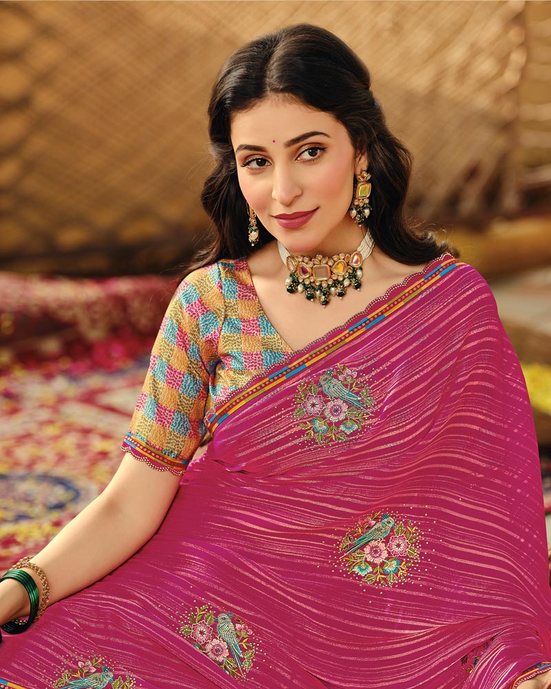 Vishal Prints Deep Carmine Pink Designer Fancy Chiffon Embroidery-Diamond Work Saree With Cut Work Border