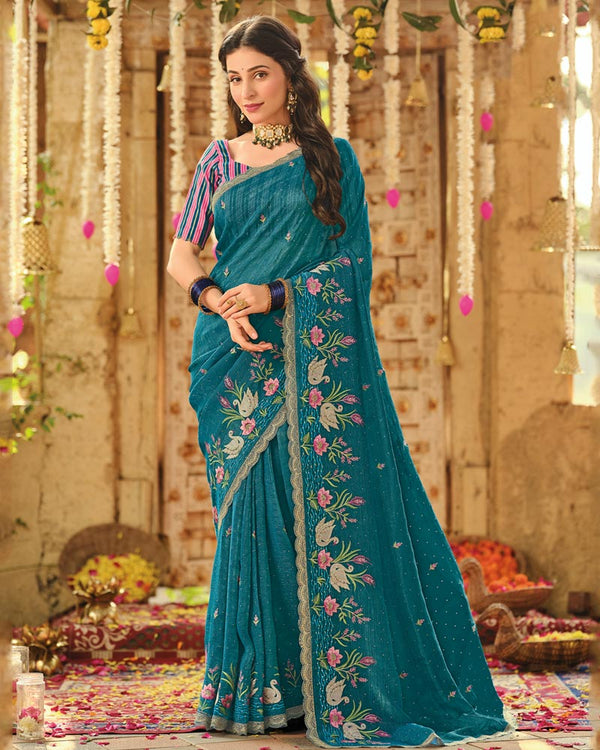 Vishal Prints Peacock Blue Designer Fancy Chiffon Embroidery-Diamond Work Saree With Cut Work Border