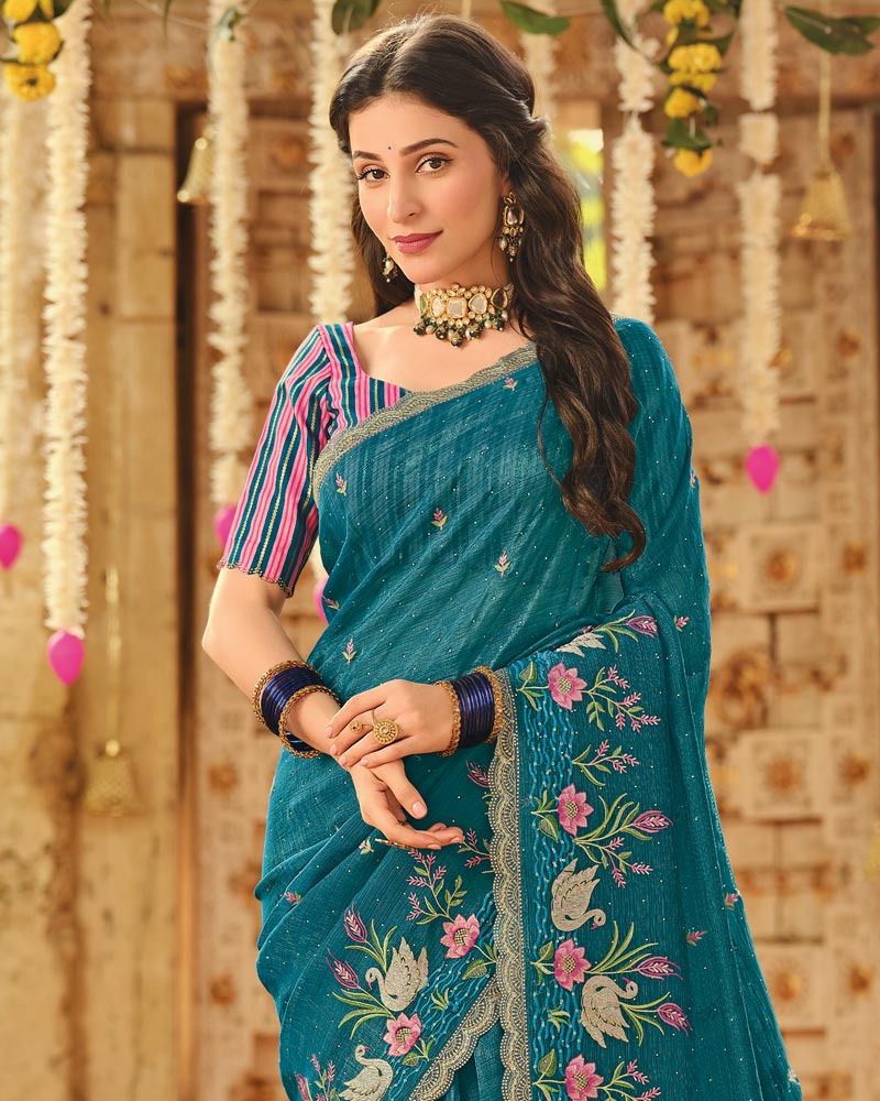 Vishal Prints Peacock Blue Designer Fancy Chiffon Embroidery-Diamond Work Saree With Cut Work Border