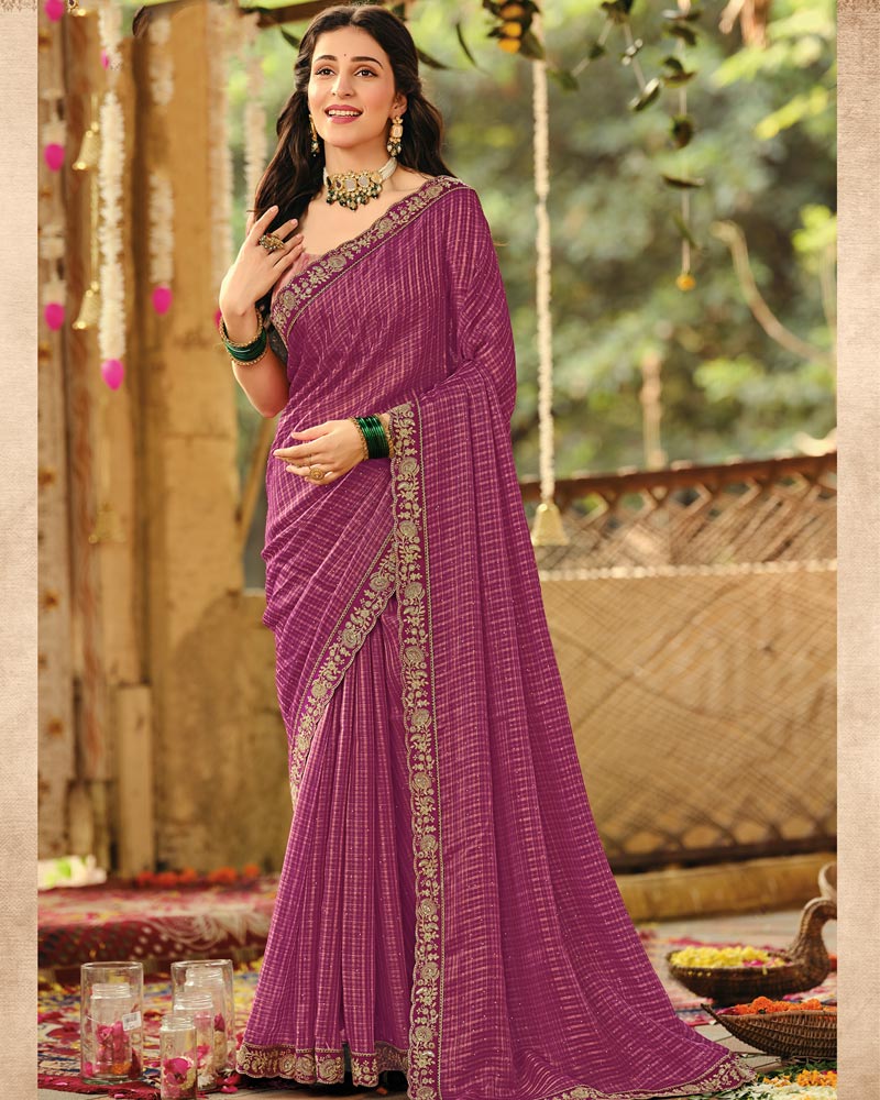 Vishal Prints Red Purple Designer Fancy Chiffon Embroidery-Diamond Work Saree With Cut Work Border