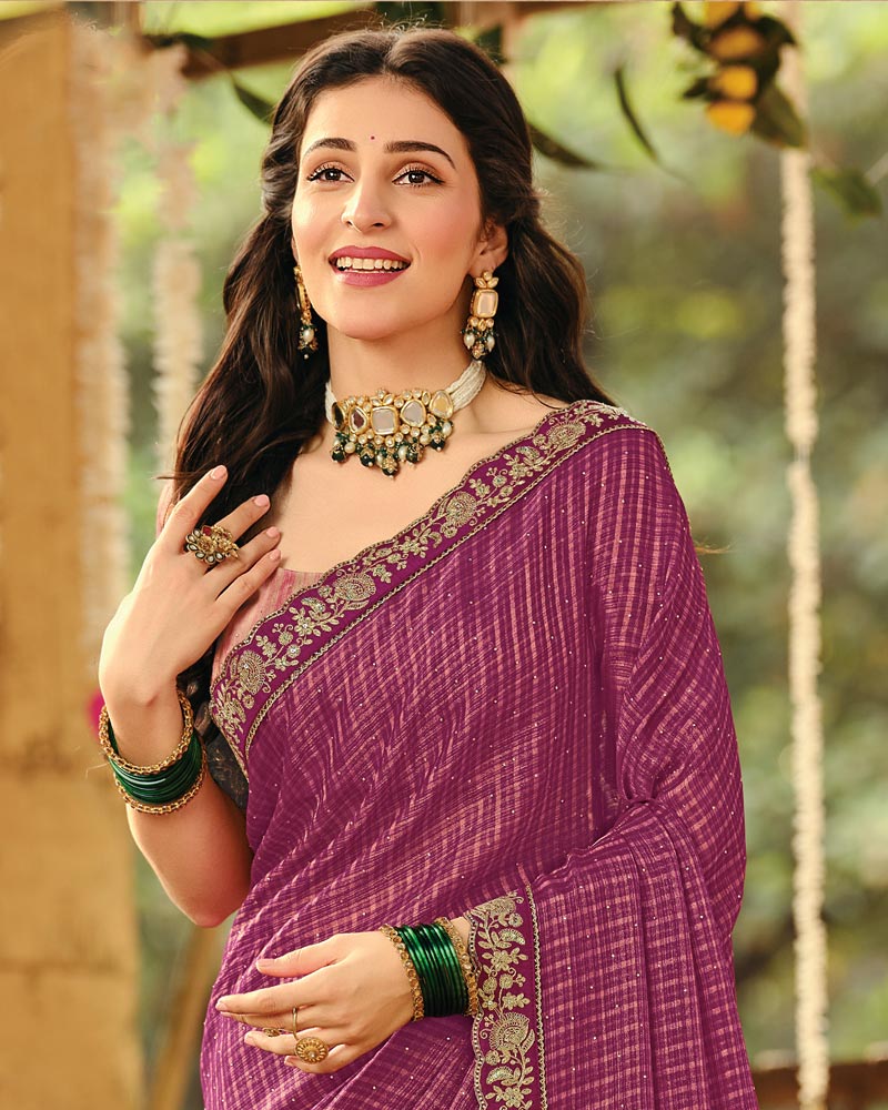 Vishal Prints Red Purple Designer Fancy Chiffon Embroidery-Diamond Work Saree With Cut Work Border
