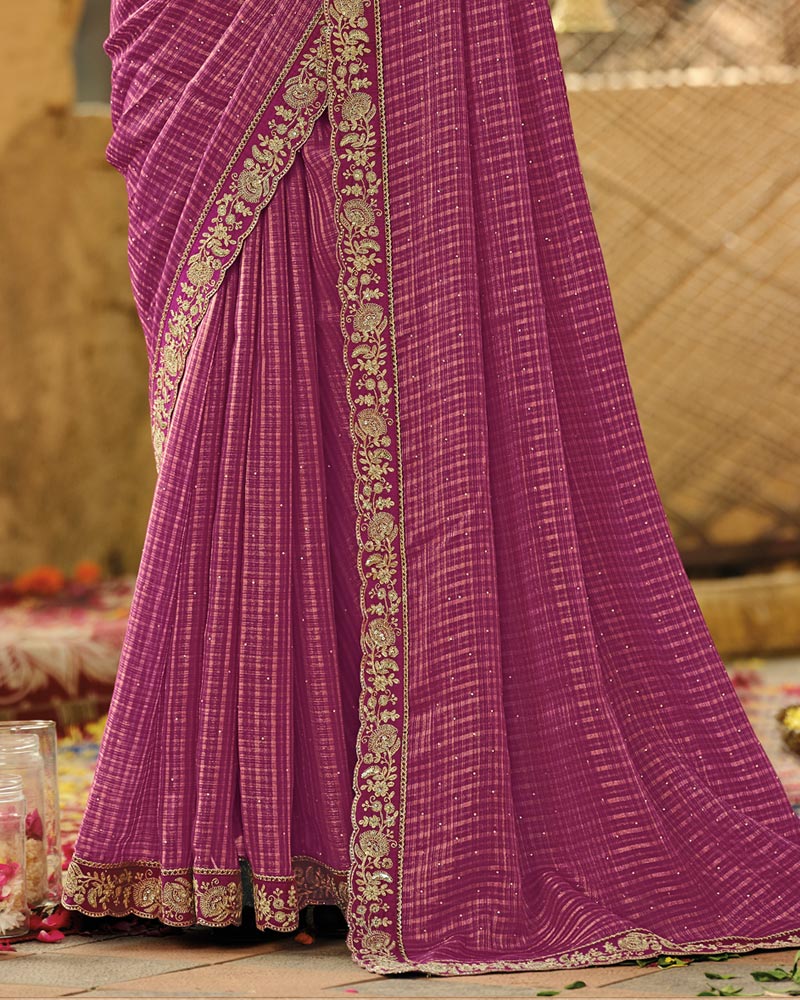 Vishal Prints Red Purple Designer Fancy Chiffon Embroidery-Diamond Work Saree With Cut Work Border