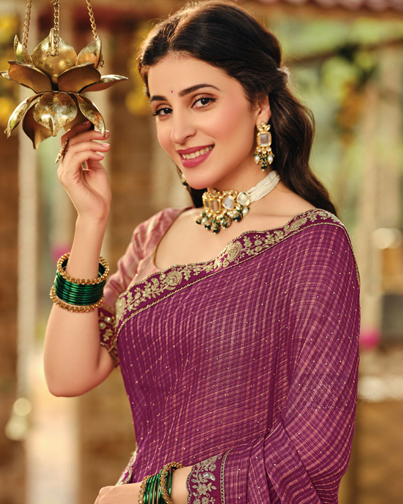 Vishal Prints Red Purple Designer Fancy Chiffon Embroidery-Diamond Work Saree With Cut Work Border