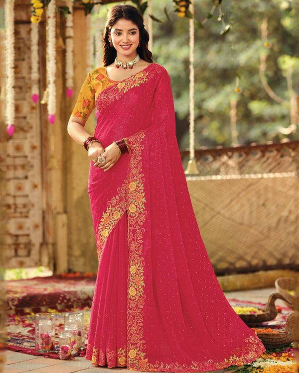 Vishal Prints Cardinal Red Designer Fancy Chiffon Embroidery-Diamond Work Saree With Cut Work Border