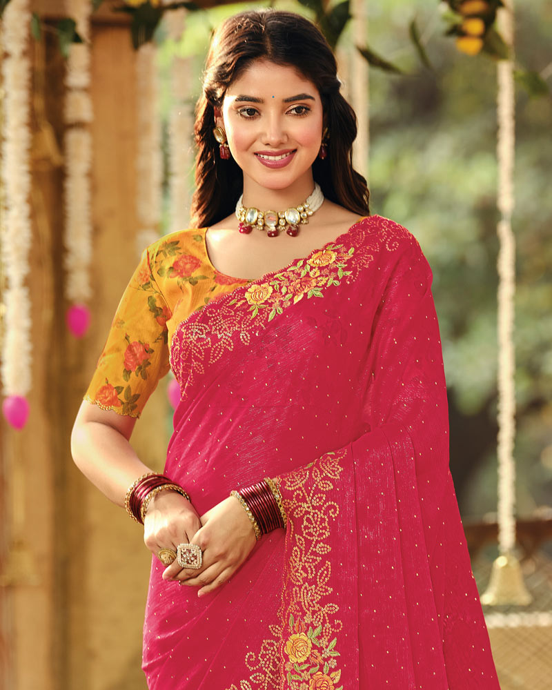 Vishal Prints Cardinal Red Designer Fancy Chiffon Embroidery-Diamond Work Saree With Cut Work Border